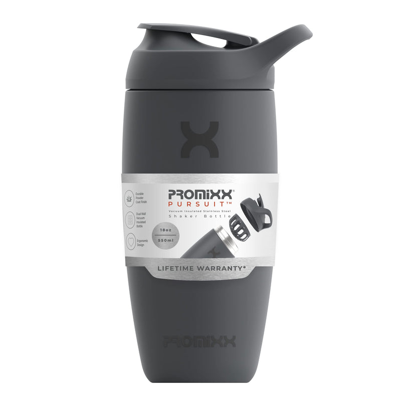 [Australia] - Promixx Pursuit Shaker Bottle Insulated Stainless Steel Water Bottle and Blender Cup, 550ml, Graphite Graphite Grey 