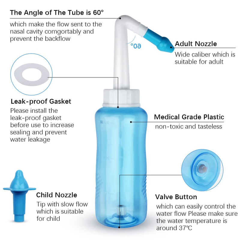 [Australia] - Neti Pot Sinus Rinse Bottle Nose Wash Cleaner Pressure Rinse Nasal Irrigation for Adult & Kid BPA Free 300 ML with 40 Nasal Wash Salt Packets (40 Packs) 300 ml (Pack of 40) 