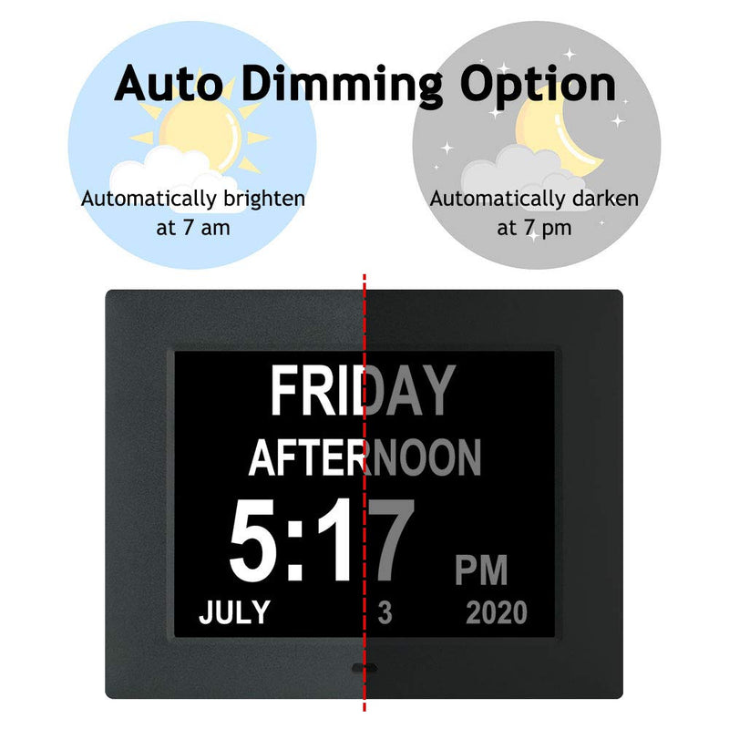 [Australia] - 7 Inch-Digital Date Day Time Clock- 8 Alarms ,Auto-Dim, Non-Abbreviated Day Month Calendar Dementia Clocks for Seniors Alzheimer Memory Loss Vision Impaired (Black) 