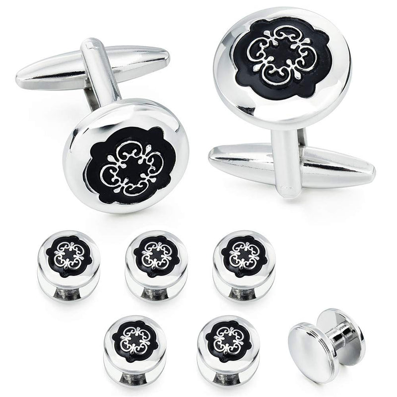 [Australia] - HAWSON Cufflinks and Studs for Men-Flower Pattern Men Fashion Tuxedo Shirt Silver Cufflinks and Studs Set for Regular Weeding Business Accessories 40141 