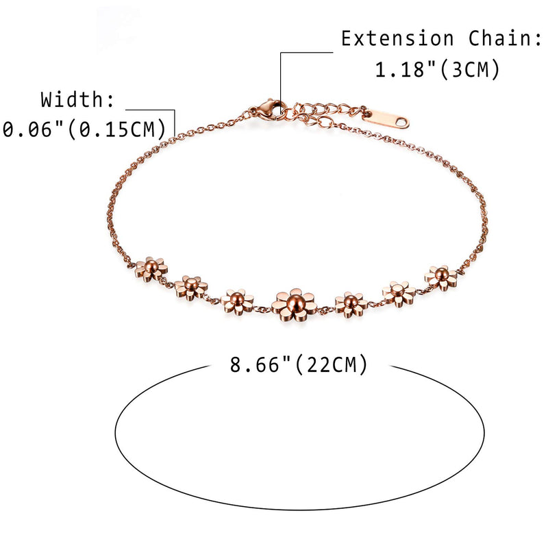[Australia] - Cupimatch Woman Daisy Flowers Link Bracelet, Stainless Steel Anklet Adjustable Chain 8.7 inch Rosegold 