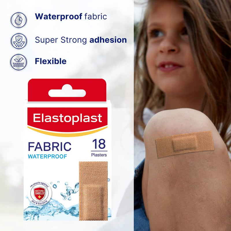 [Australia] - Elastoplast 18 Waterproof Fabric Plaster Strips (18 Pieces), Large Pack of Fabric Plasters, Breathable Plasters, Plasters Waterproof 