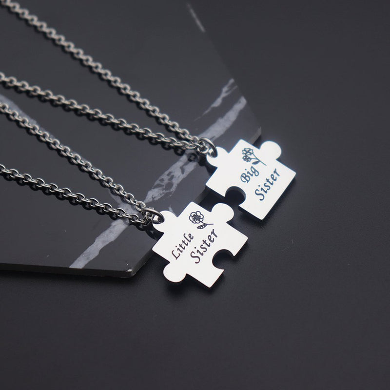 [Australia] - Huiuy Set of 2 Pieces Big Sis Lil Sis Necklaces Set Matching Jigsaw Puzzle Pendant Stainless Steel Gift for Sisters Friends Sister Necklace 