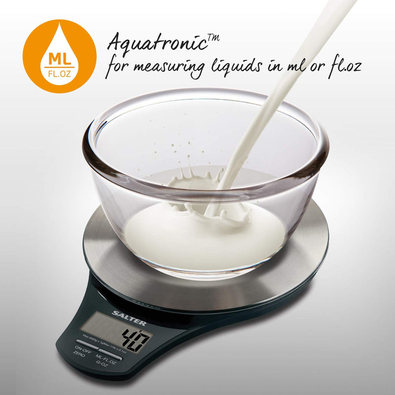 [Australia] - Salter 1035 SSBKDR Electronic Stainless Steel Kitchen Scale, Accurate Weighing up to 5KG, Measures Liquids and Fluids, Add & Weigh Function, Easy View Screen, Black 