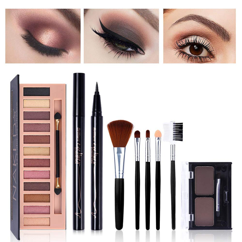 [Australia] - All in One Makeup Gift Set -12 Colors Eyeshadow Palette + Waterproof Black Eyeliner Pencil + Duo Pressed Eyebrow Powder Kit + 5 Brushes and Quicksand Silver Cosmetic Bag 