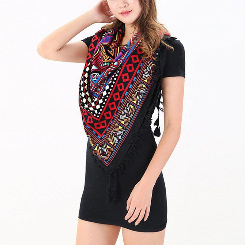 [Australia] - Nuofengkudu Ladies Vintage Floral Print Scarfs for Women Shawls Large Square Bohemian Scarves with Tassel 110 * 110CM Red 