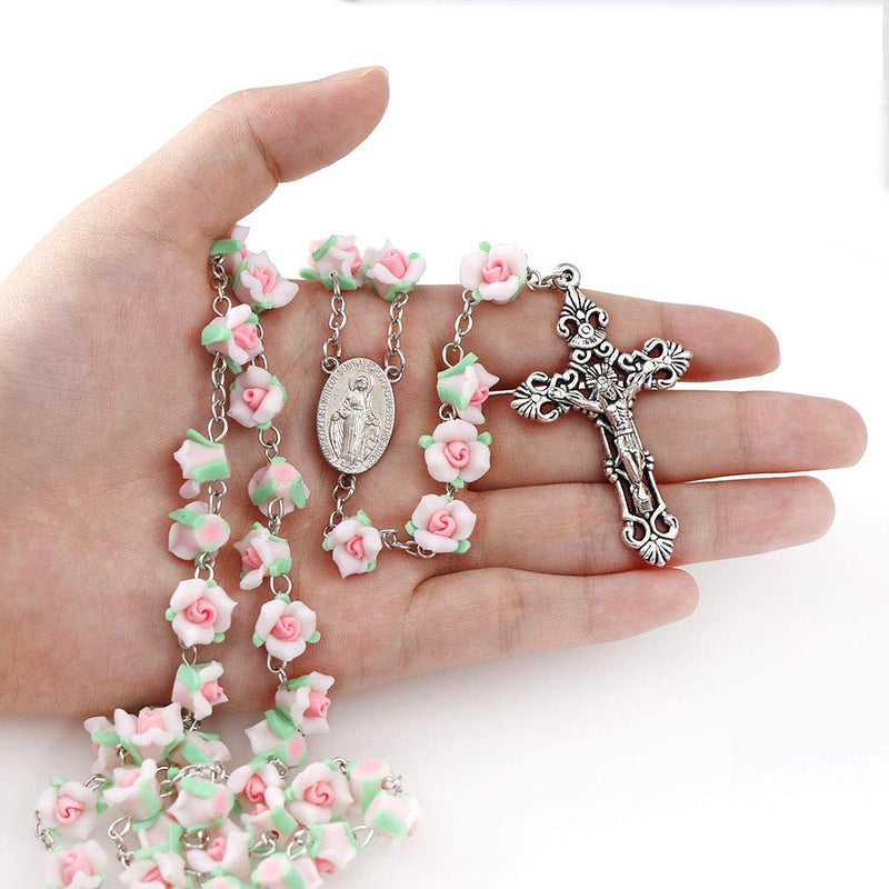 [Australia] - YWLI Rosary Beads Catholic - 6 Color, Confirmation Gifts for Teenage Girl, Polymer Clay Rose Necklace Jewelry, Silver Alloy Cross Necklace for Women, Gifts for Women white 