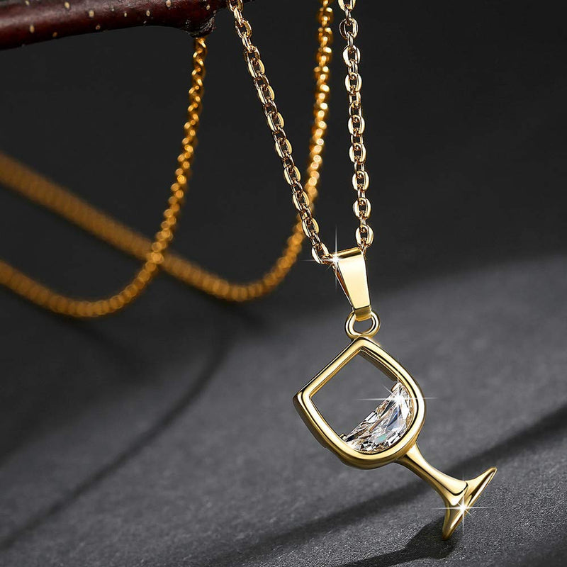 [Australia] - Wine Glass Pendant Necklace,Cubic Zircon Water Drop Cup Clavicle Necklace Gold 