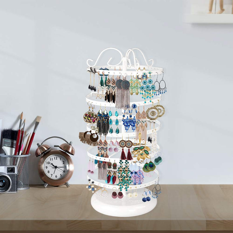 [Australia] - 5 Tiers Metal Rotating Earring Holder Organizer, TANOKY Exquisite Jewelry Display Stand Necklace Rack Holder, 220 Holes for Earrings- 14x6.3 Inch (White) White 
