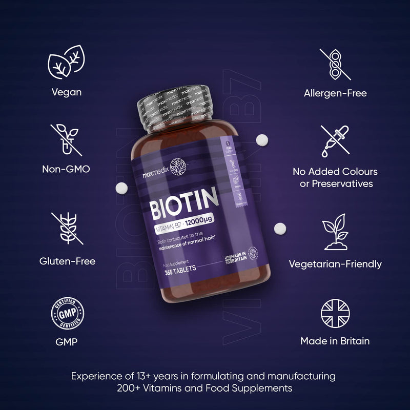 [Australia] - Biotin Hair Growth Supplement 12000mcg - 365 Vegan Biotin Tablets (1 Year Supply) - Hair Skin and Nails Vitamins for Women and Men � High Absorption D-Biotin - Made in The UK 