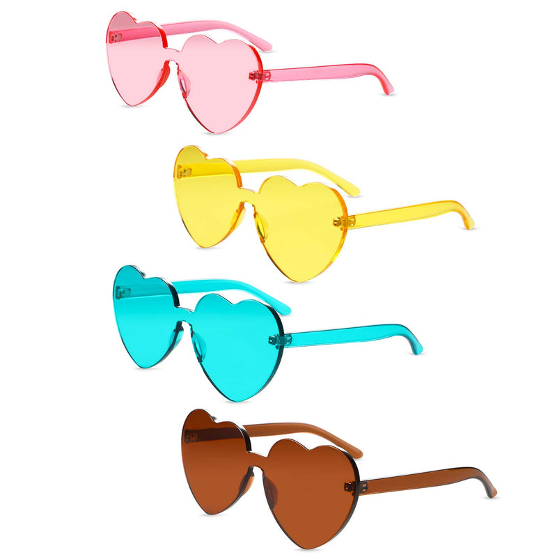 [Australia] - 4 Pieces Valentines Heart Shaped Rimless Sunglasses Transparent Frameless Glasses Tinted Eyewear for Valentines Party Cosplay Light Pink, Lake Blue, Light Brown, Yellow 