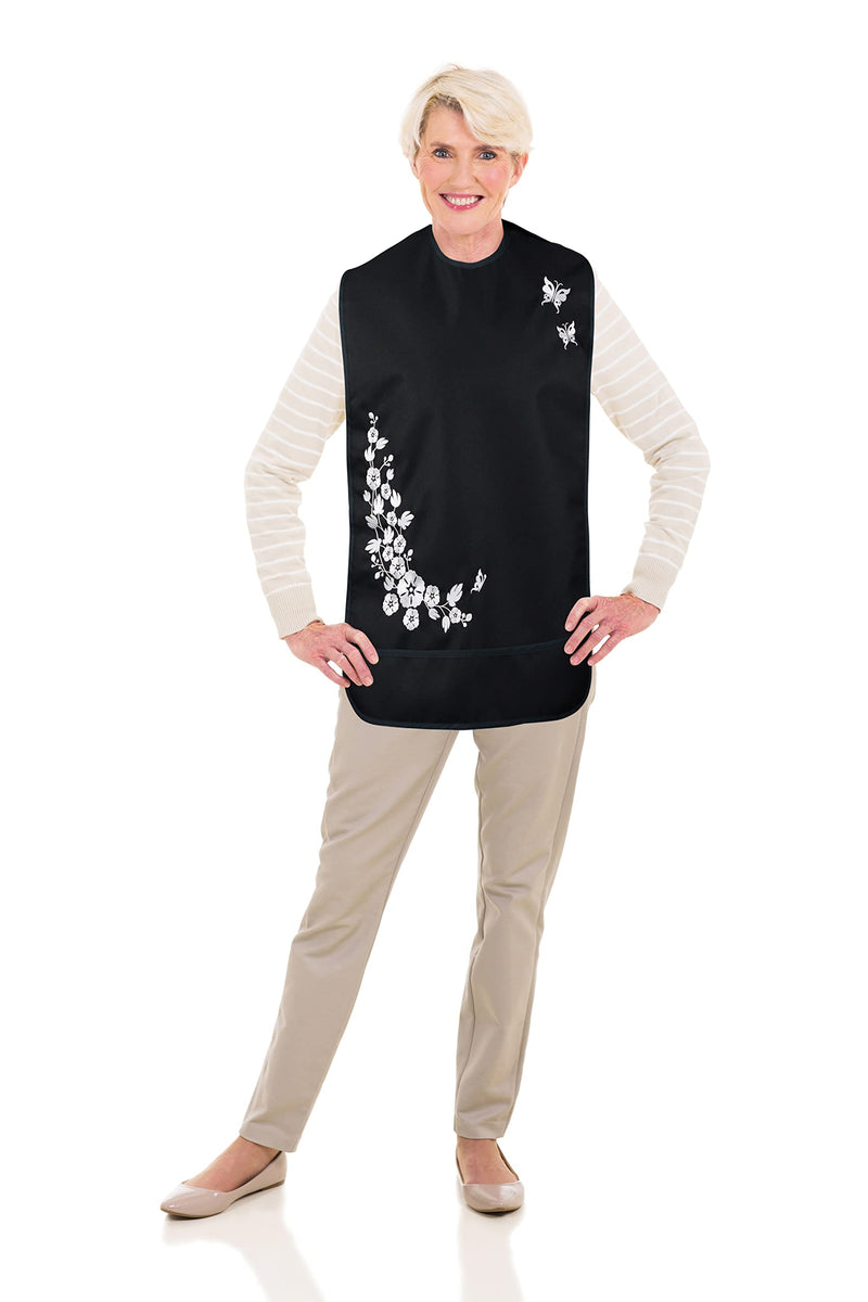 [Australia] - Modaliv Adult Bib for Women - Embroidered Waterproof Clothing Protector with Crumb Catcher - Reusable - Machine Washable (Flowers and Butterflies) 