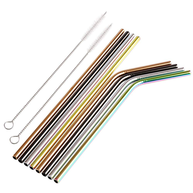 [Australia] - H&S 8 Metal Straws Reusable Coloured Stainless Steel Drinking Straws 2 Cleaning Brush Cleaner for Smoothie Hot Drinks with Bag Rainbow 
