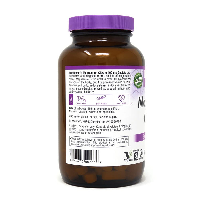 [Australia] - Bluebonnet Nutrition Magnesium Citrate, 400mg of Magnesium, Maximum Absorption, Supports Immune Health & Energy Production*, Soyfree, Gluten-Free, Non-GMO, Kosher, Dairy Free, Vegan, 120 Caplets 