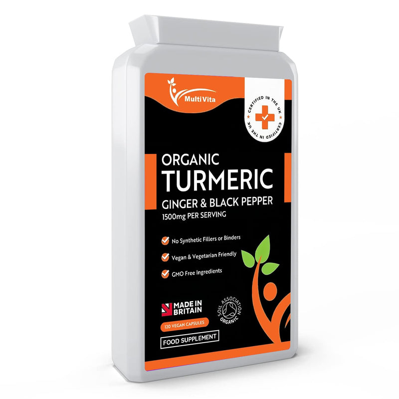 [Australia] - Multivita Organic Turmeric 1500mg (High Strength) with Ginger & Black Pepper - 120 Vegan Capsules (2 Month Supply) � Pure Natural Supplement Active Ingredient Curcumin UK Made 