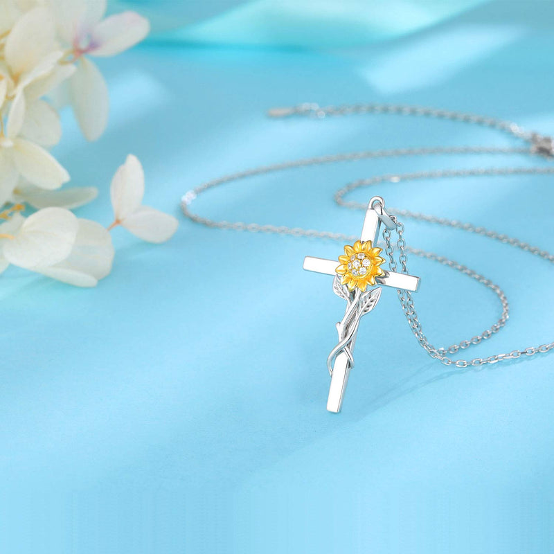 [Australia] - DIOFRG Sunflower Cross Necklace Sterling Silver Roseflower Butterfly Infinity Curved Bar Dainty Sunshine Pendant for Women Mom Christmas Valentines day Anniversary Wife Flower Girl Gifts Jewelry Cross Sunflower 