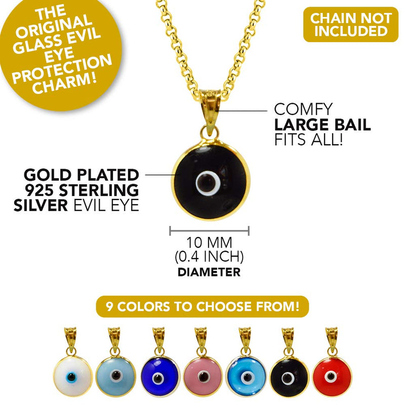 [Australia] - MIZZE Made for Luck Gold Plated 925 Sterling Silver 10 MM Round Glass Evil Eye Charm Pendant - 7 Colors to Choose from Black 