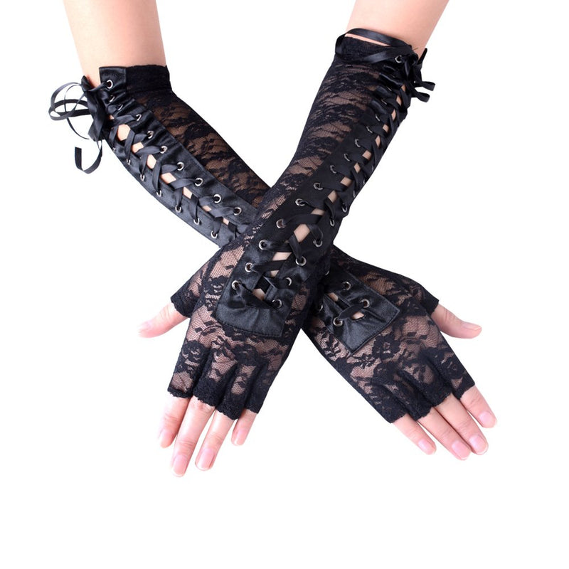 [Australia] - JISEN Womens Fingerless Gloves Elbow Lace Up steampunk Costume Arm Warmer Nylon Black 