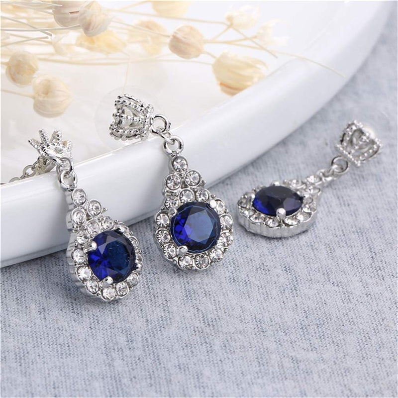 [Australia] - AILUOR Crown Sapphire Jewelry Set, Fashion Wedding Bridal Silver Swarovski Elements Blue Crystal Gemstone Pendant Necklace and Stud Earrings Set for Women Girl 