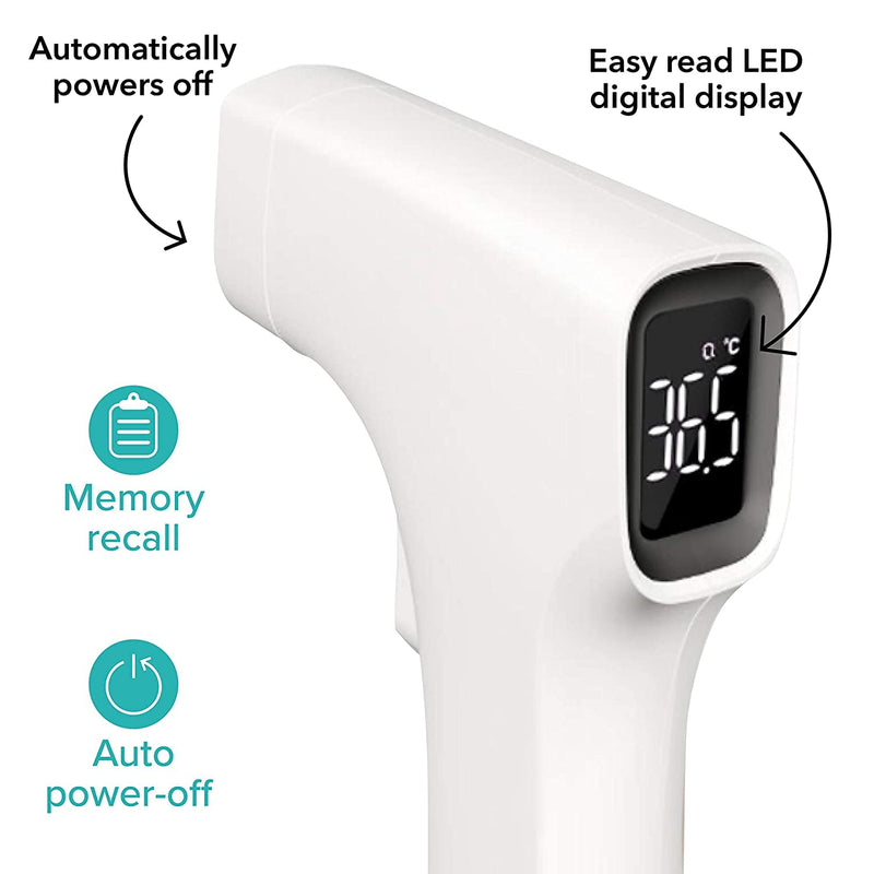 [Australia] - Nuby Dr. Talbot's Easy Handle Non-Contact Infrared Thermometer with Led Screen, Fever Warning Indicator, Accurate 1 S Reading for Baby, Kids, & Adults, White 