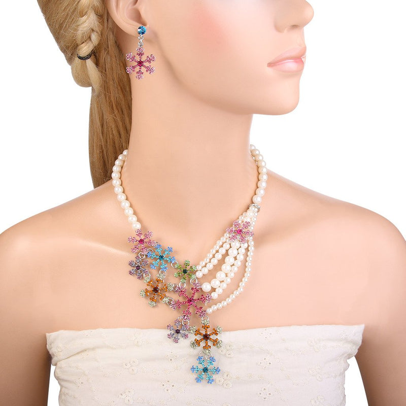 [Australia] - EVER FAITH Snowflake Simulated Pearl Austrian Crystal Necklace Earrings Set Multicolor Silver-Tone 