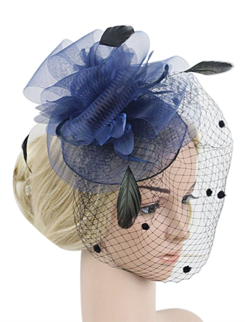 [Australia] - Z&X Women Feather Flower Fascinator Hat with Hair Clip Brooch for Cocktail Wedding 005- Navy Blue 