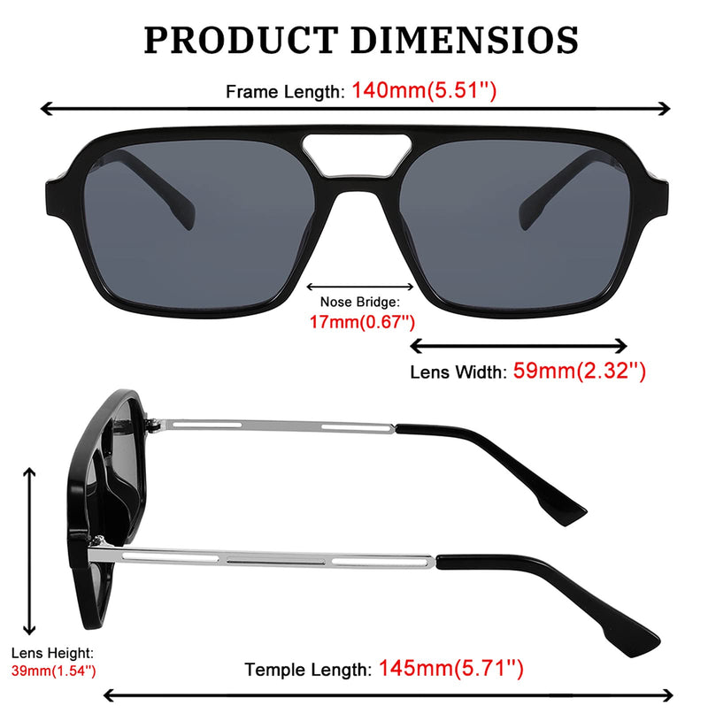 [Australia] - FEISEDY Vintage Square 70s Flat Aviator Sunglasses Women Men Metal Design Shades B2752 Black Frame/Grey Lens 59 Millimeters 