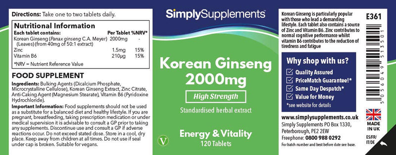 [Australia] - Korean/Panax Ginseng 2000mg | 120 High Strength Ginseng Tablets | Vegan & Vegetarian Friendly | Supplement Supports Cognitive Function While Reducing Tiredness and Fatigue | Manufactured in The UK 120 Count (Pack of 1) 
