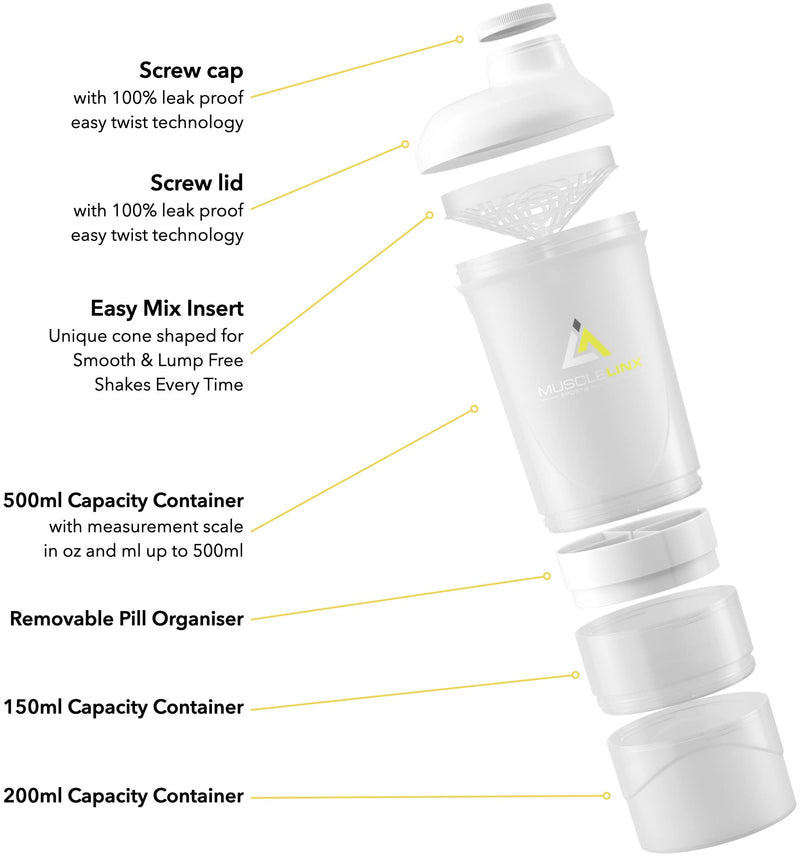 [Australia] - White Protein Shaker Plus Storage Screw top 100% Leak Proof Drinks Bottle 500ml to 700ml by Musclelinx 