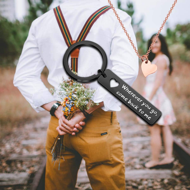 [Australia] - ENSIANTH Boyfriend Gift Wherever You Go Come Back to Me Keychain Moving Away Gift Couples Jewelry College Graduation Gift wherever-black set RG 