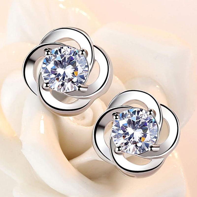 [Australia] - Kämise Womens Jewellery Set, 925 Sterling Silver Clover Pendant Necklace & Bracelet & Stud Earrings Sets, with White Cubic Zirconia Crystal, Allergy Free Jewellery Set Wedding Engagement Birthday Gift 