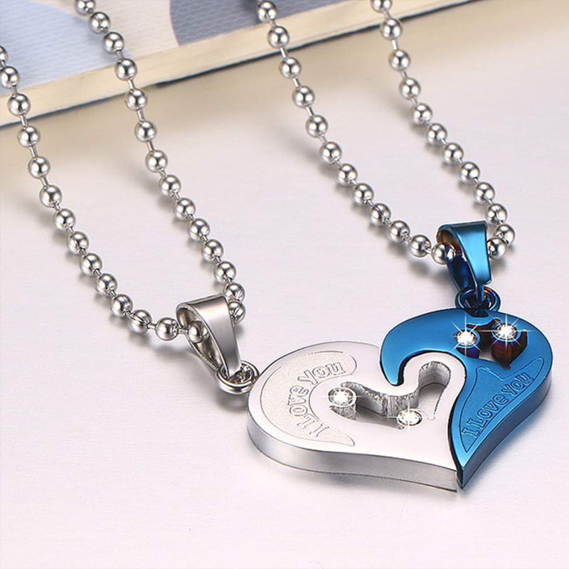 [Australia] - I Love You Engraved Couples Necklace Couples Gifts 20" Chain Puzzle Matching Couples-Silver Blue Heart 