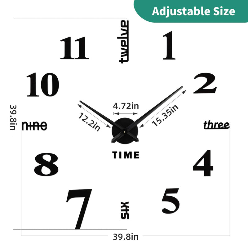 [Australia] - VREAONE Frameless DIY Wall Clock,Large Modern 3D Mirror Wall Clock Decor Sticker DIY Clock kit for Home Living Room Bedroom Office Wall Decorations(Black) Black 