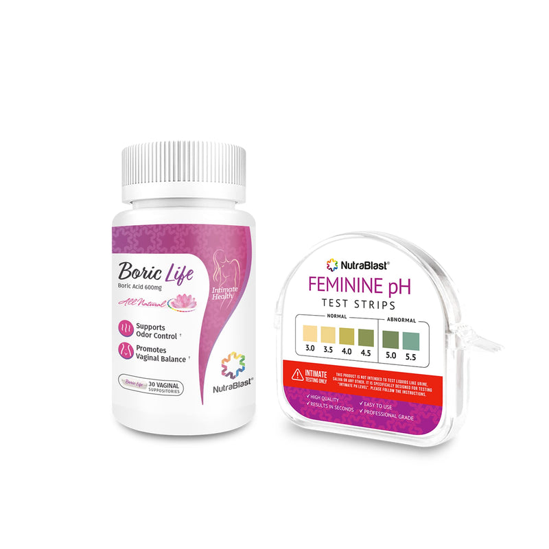 [Australia] - NutraBlast Boric Acid Vaginal Suppositories 600mg (30 Count) w/ Feminine pH Test Strips 3.0-5.5 (100 Tests Roll) | Monitor Intimate Health | Accurate Women’s Acidity & Alkalinity 