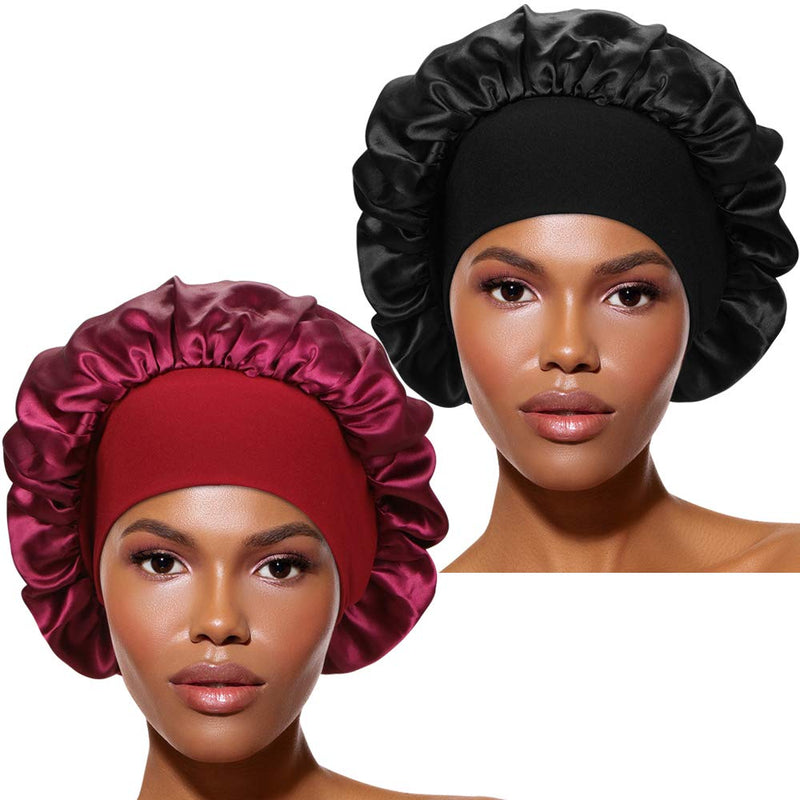[Australia] - 2 Pieces Wide Band Satin Cap Sleep Bonnet Soft Night Sleep Hat for Women Black+Wine red 