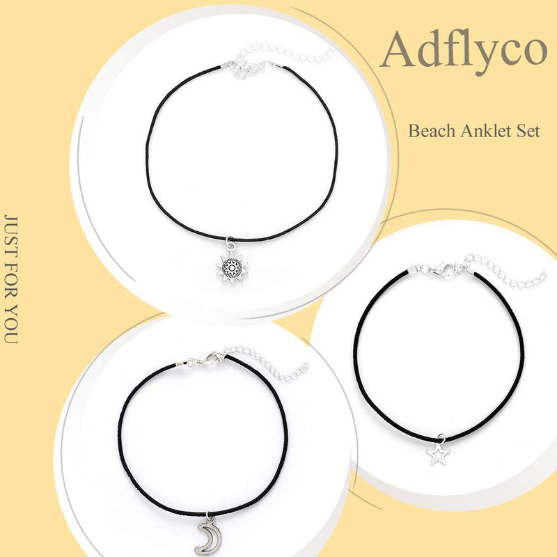[Australia] - Adflyco Boho Anklets Set Black Moon Anklet Bracelets Sunflower Beach Foot Jewelry Adjustable for Women and Girls (3Pcs） 