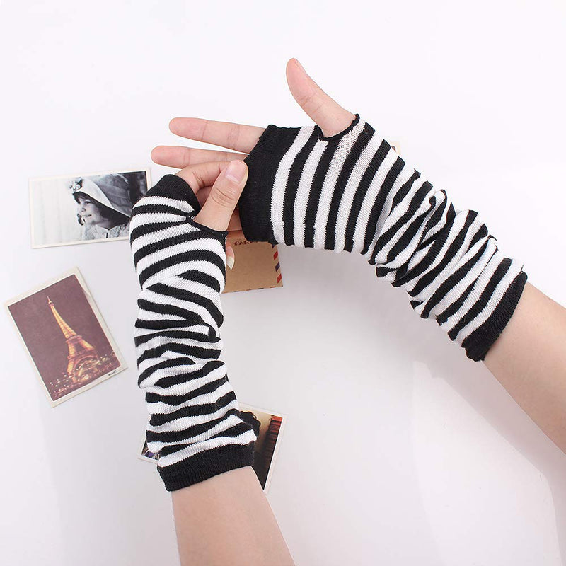 [Australia] - unisex Long Fingerless Gloves for Women Arm Warmers Knit Thumbhole Stretchy Gloves 2pairs（black-white/Black-gray） 