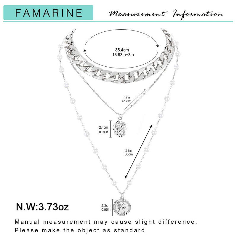 [Australia] - FAMARINE Gold Layered Pendant Long Necklace, 3 Layer Choker Necklace Chain Pendant Costume Jewelry for Women Silver Coin Layer Necklace 