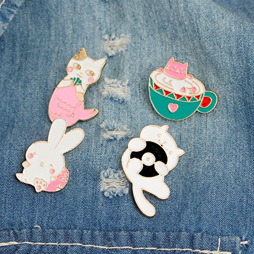 [Australia] - WINZIK Lapel Pins Set Novelty Cute Cartoon Brooch Badges for Children Adults Clothes Backpacks Decor Cute Cat Mermaid Rabbit Pins Set of 5 