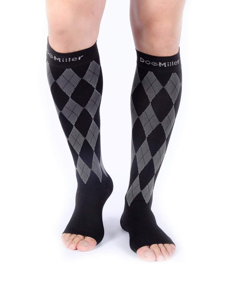 [Australia] - Doc Miller Open Toe Compression Socks Women 20-30mmHg, 1 Pair Toeless Socks for Women and Men - Argyle Design Small Black.gray Open Toe 