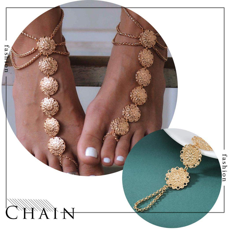 [Australia] - Jeairts Boho Carved Flower Barefoot Sandals Gold Anklet Fashion Folk Anklet Bracelet Vintage Beach Foot Chain Jewelry for Women and Girls（Pack of 2） 