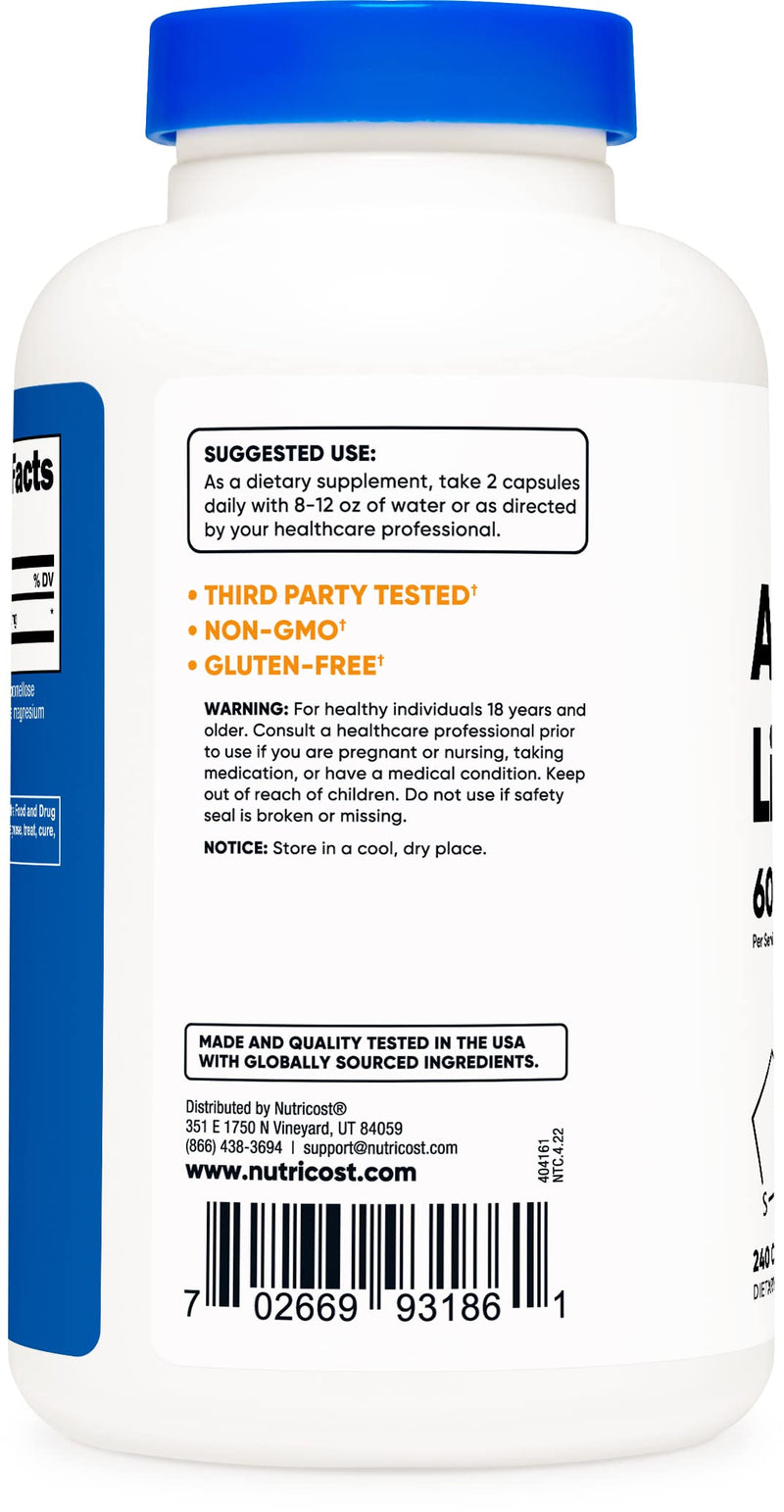 [Australia] - Nutricost Alpha Lipoic Acid 600mg Per Serving, 240 Capsules - Gluten Free, Vegetarian Capsules, Soy Free & Non-GMO 240 Count (Pack of 1) 