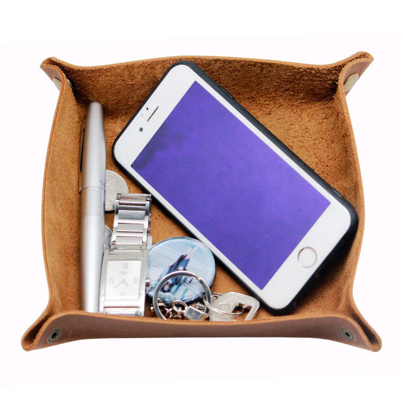 [Australia] - boshiho Valet Tray for Men, Leather Jewelry Catchall Key Phone Coin Box Change Caddy Bedside Storage Box (Crazy Horse Leather - Light Brown) Crazy Horse Leather - Light Brown 