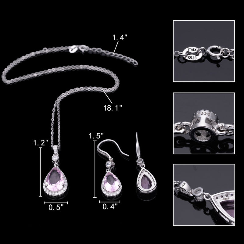 [Australia] - EleQueen 925 Sterling Silver Full Cubic Zirconia Teardrop Bridal Pendant Necklace Hook Dangle Earrings Sets Pink 