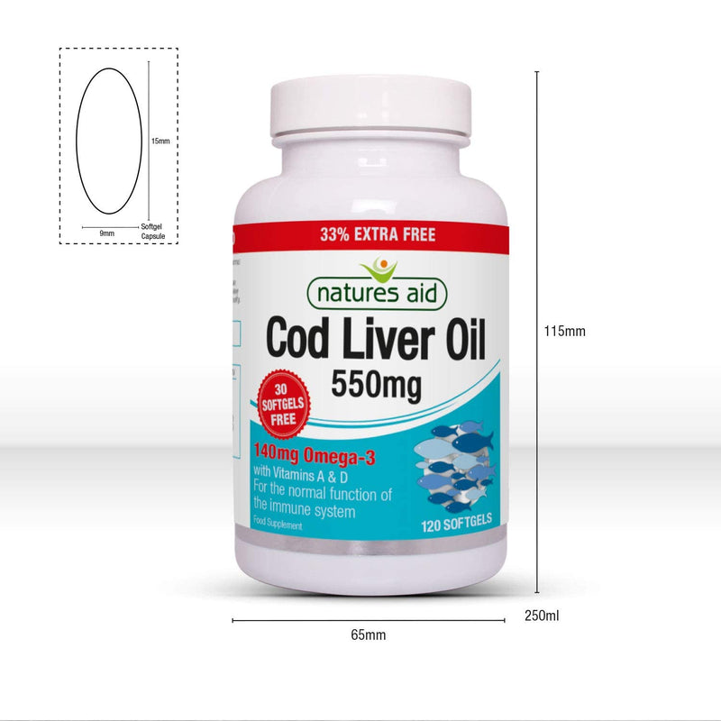 [Australia] - Natures Aid Cod Liver Oil 550 mg 120 Softgel Capsules (Providing 120 mg Omega-3, with Vitamins A and D, For The Normal Function of the Immune System, Purity Guaranteed, Made in the UK) 
