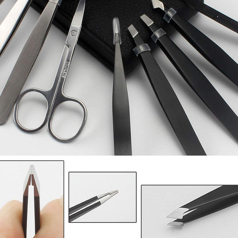 [Australia] - Tweezers Set of 5, KINGMAS Stainless Steel Eyebrow Tweezer Scissors Set with Travel Case for Brow Facial/Ingrown Hair, Splinter (Black) Black 