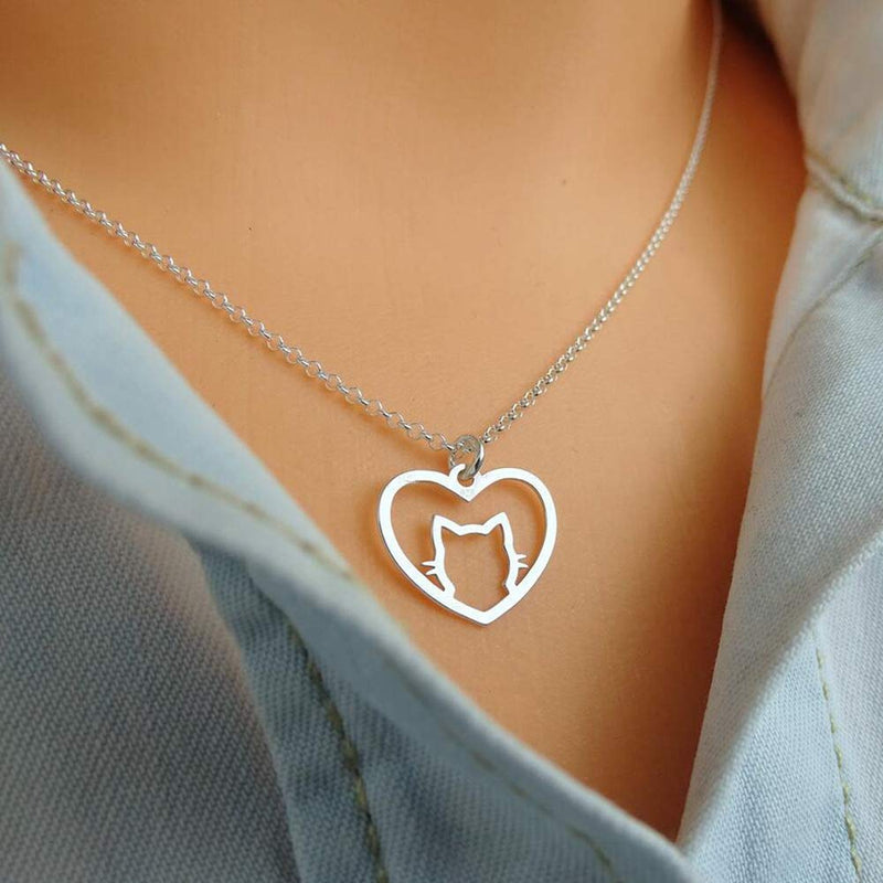 [Australia] - Jude Jewelers Stainless Steel Heart Shaped Cute Cat Styel Pendant Necklace Silver 