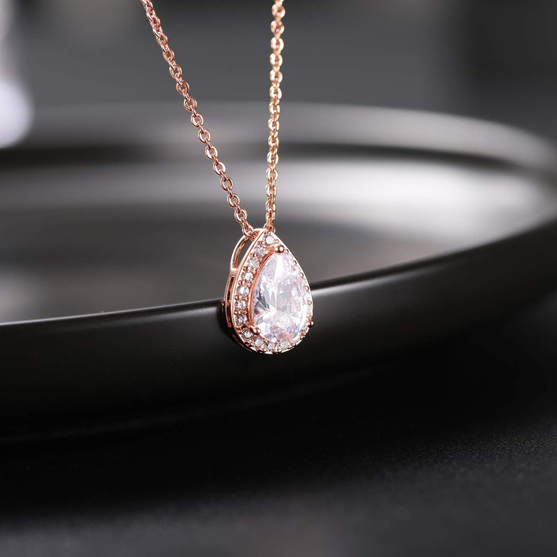 [Australia] - CZ Teardrop Necklace and Stud Earrings Set 14K White Gold Plated Wedding Jewelry for Bridal Rose Gold 