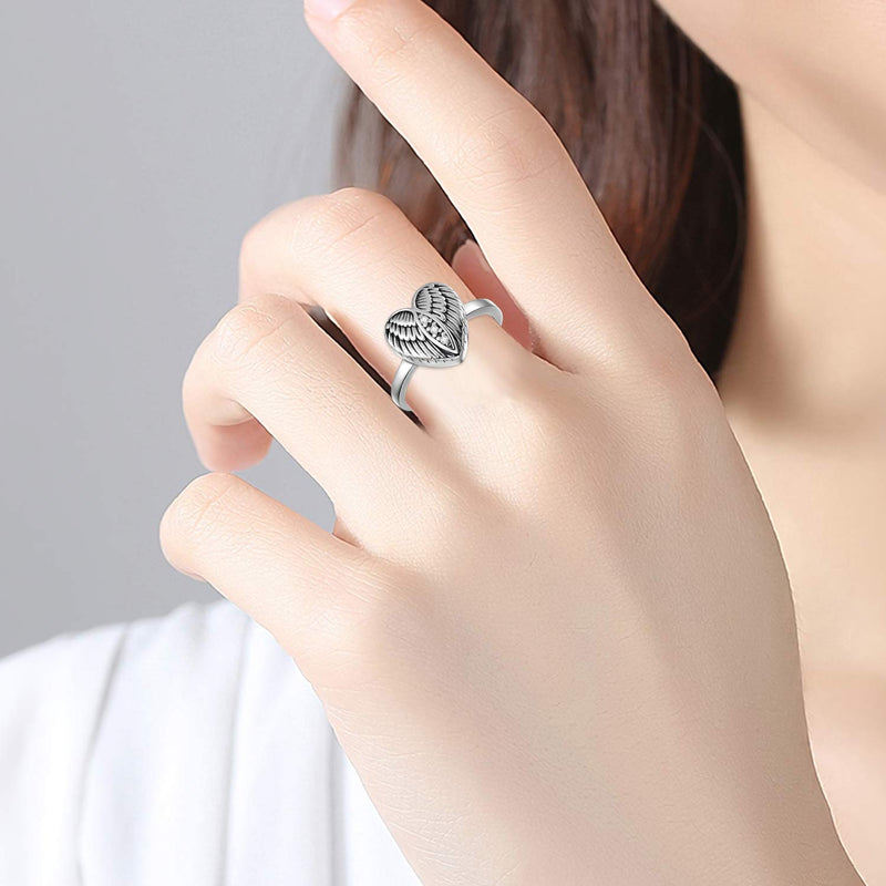 [Australia] - 925 Sterling Silver Angel Wing Heart Ring for Ashes Cremation Urn Ring for Women Men Family Friends Size 7 