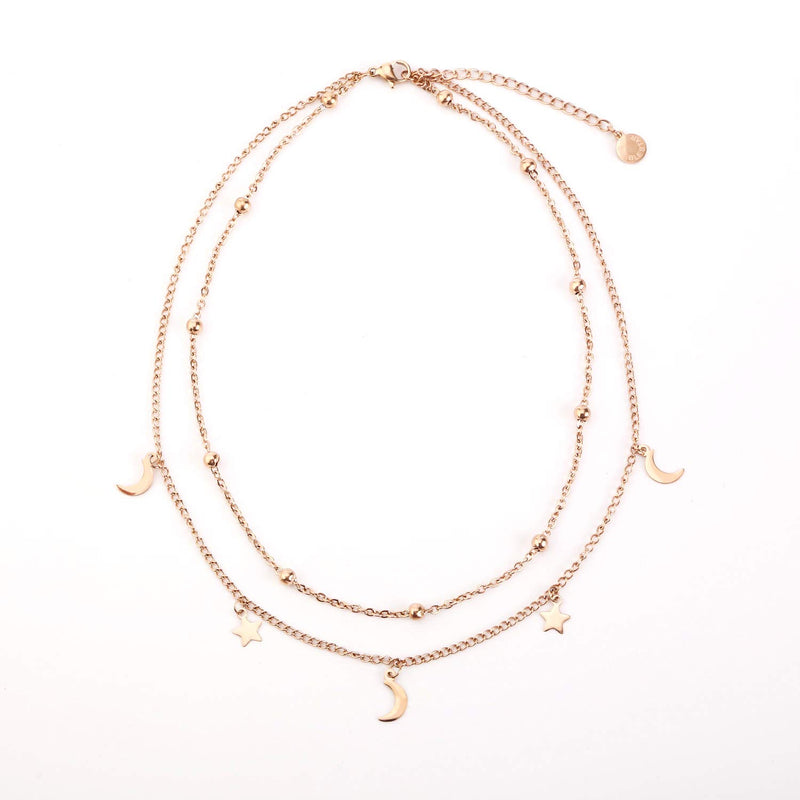 [Australia] - BaubleStar Star Moon Charm Necklace Layering Chain Choker for Women Girls Titanium Steel/Rose Gold 